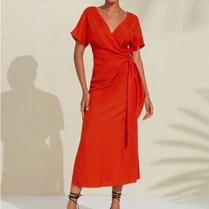 Ador Tencel Linen V Neck Shirred Wrap Midi Dress - size M